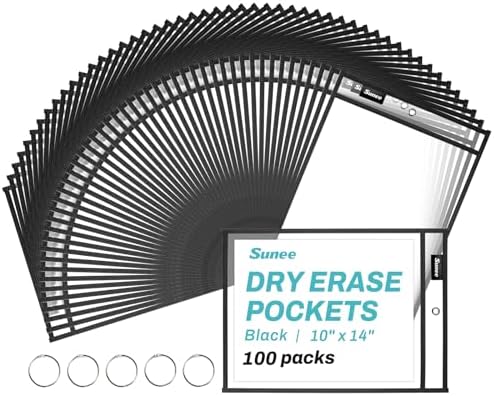 SUNEE 100 Packs Oversized Reusable Dry Erase Pocket Sleeves with 5 Rings, Black 10x14 Ticket Holders, Clear Plastic Sheet Protectors, Teacher School Classroom Supplies by SUNEE