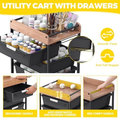 SYKIARIOL Utility Cart with 5 Labeling Drawers and Wooden Tabletop,Black - Image 3