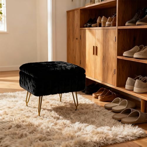 Small Foot Stool with Storage & Gold Metal Legs, Small Ottoman Foot Rest Under Desk for Couch, Chair, Black Furry with High-Density Resilient Sponge - Image 5