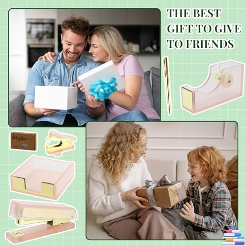 MultiBey Pink Gold Acrylic Sticky Notes Holder Stapler and Tape Dispenser Cutter with Sticky Notes, 950 Staples & Tape, Staple Remover, Scissor, Ballpoint Pen, Paper Clips Set for Women Office Home - Image 6