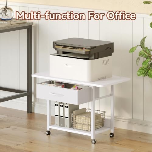 Printer Stand with Locking Wheels, 2-Tier Printer Table with Fabric Drawer, Under Desk Rolling Table Cart for Home Office, Fit Fax Machine Scanner, White - Image 3