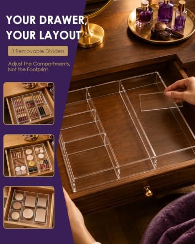 Clear Acrylic Desk Drawer Organizer, 6 Section, 12 x 12 Inch - Image 2