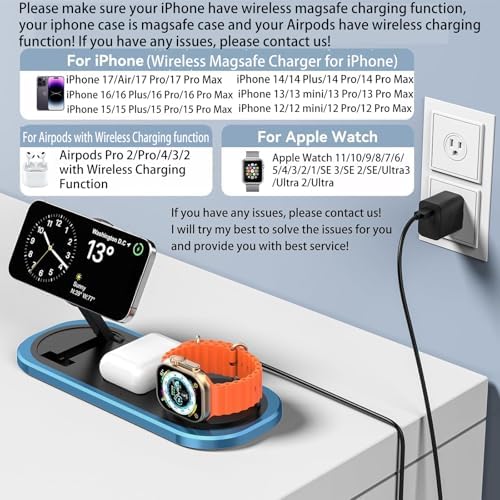 3 in 1 Fast Wireless Charger Stand for iPhone, Foldable Travel Charging Station for Magsafe for iPhone 17/Air/16/15/14/13/12 Series, Apple Watch Series, AirPods pro/2/3/4, 2025 Christ mas Gifts (Blue) - Image 2