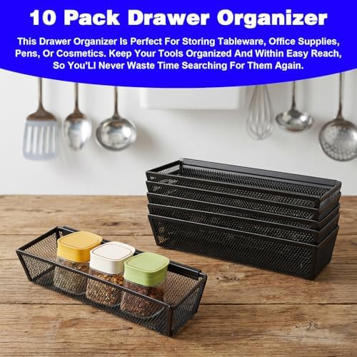 10 Packs Black Mesh Drawer Organizers 9 x 3 x 2 Inches Silverware Mesh Drawer Organizer with Interlocking Arm for Kitchen Drawers for Flatware Knives Spoons Fork Cosmetic Tabletop Storage Tray - Image 6