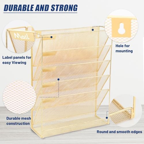 EASEPRES Desk File Organizer Mesh 6-Tier, Hanging Wall Mount Document Organization Stand, Desktop Vertical Mail Paper Folder Holder Rack with Bottom Tray for Office Home Cubicle Countertop, Gold - Image 3