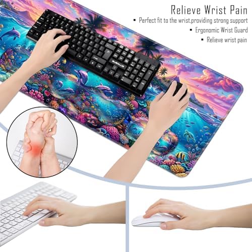 TGFEWYTJYJ Extended Gaming Mouse Pad,Memory Foam Ergonomic Keyboard Mouse Wrist Rest Support Set,Large Desk Mat with Stitched Edges,Non-Slip Base Mousepad Home Office,Dolphin Dream Underwater - Image 6