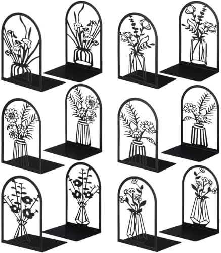 Feifeiya 6 Pairs Decorative Book Ends Metal Bookends for Shelves Black Metal Heavy Duty Book Ends Holder Supports Stoppers for Home Office School, 6.9x4.9x3.5”(Vase) by Feifeiya