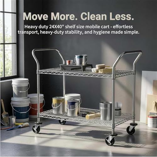 Finnhomy 2 Tier Commercial Grade Rolling Cart, Heavy Duty Utility Cart, Carts with Wheels and Handles, Kitchen Carts on Wheels, Metal Cart with 600 lbs Capacity, Shelf Size 23.6"Dx47.2"W x 39.4"H, NSF - Image 6