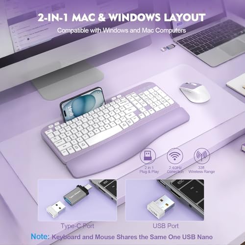 Wireless Keyboard and Mouse Combo, Full-Sized Ergonomic Wave Keys Keyboard with Memory Foam Wrist Rest & Phone Holder, 2.4G Quiet Keyboard Mouse Work Setup for PC Laptop, Office or Home (Purple) - Image 6