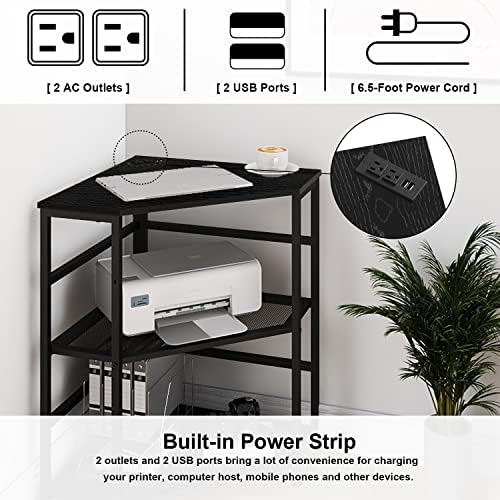 VEDECASA Corner Printer Stand Table with Power Outlet Charging Plugs USB Port Adjustable Storage Shelf Computer Tower CPU Stand Holder for Home Office (Black) - Image 3