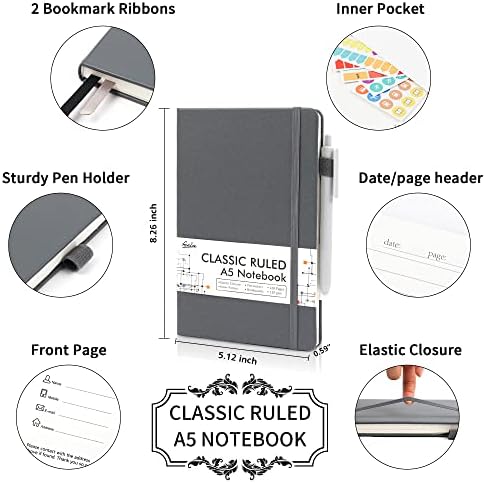 feela 5 Pack Journal Notebook Bulk for School, Hardcover Business Notebooks Classic Ruled Lined Journals with Pen Holder for Work Note Taking, with 5 Black Pens, 120 GSM, 5.1”x8.3”, A5, Gray - Image 2