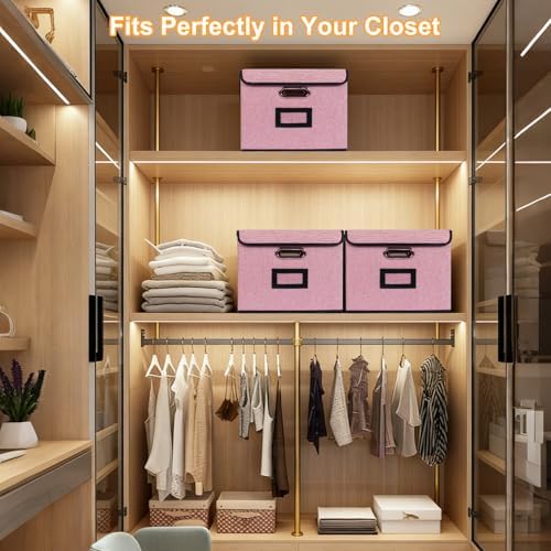 Large Square Storage Bin with Lid, Foldable Organizer Box with Handles & Label Design, for Office, Closet, Home, Documents, Pink, 12.20 x 10.63 x 10.63 Inches, 2 Pack - Image 2