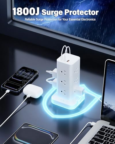 Power Strip Tower with Surge Protector 1800J, Fast Charging Tower PD20W USB-C Ports with 12 AC Outlets, Extension Cord for Home Office Dorm Room, 9.8ft, White - Image 5