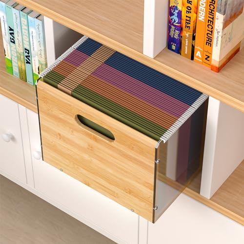 Sbanmao Letter/Legal Bamboo Acrylic File Box Organizer, Hanging File Folder Storage Boxes, Decorative Document Crate Transparent Filing Bin with Handle for Home Office Desk - Image 3