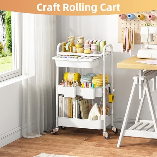 KINGRACK 3 Tier Metal Rolling Cart with Drawer, White Utility Storage Cart - Image 7