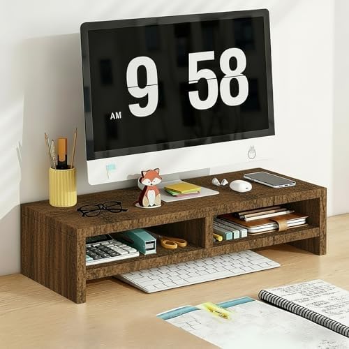 Solid Wood Monitor Stand Riser & Laptop Stand Desk Organizer - Office Accessories for PC Workspace, Computer Organization, Countertop Hutch Flamed Wood 19.7x7.9x5.2in with divider by Unknown
