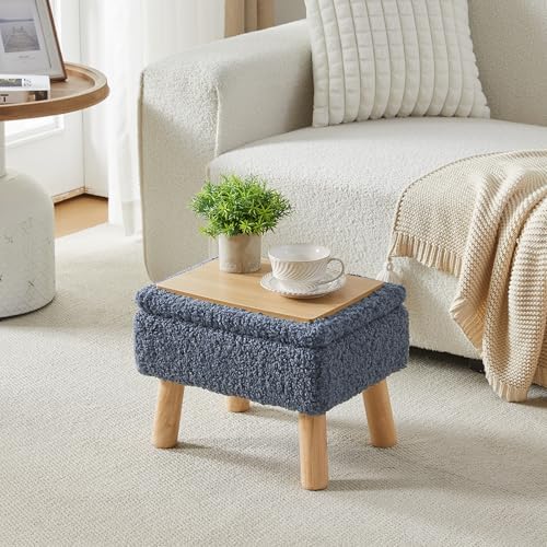 Storage Ottoman, Small Foot Stool Ottoman with Storage, Teddy Velvet Foot Rest with Wood Legs, Footstool for Living Room, Bedroom, Entryway, Blue - Image 6