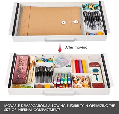 Large Size Under Desk Slide out Pencil Drawer White with Adjustable Space Divider Design for Storing Pencil and Office Accessories, Underdesk Pull out Tray Organizer Mounted for Sit Stand Workstation - Image 3