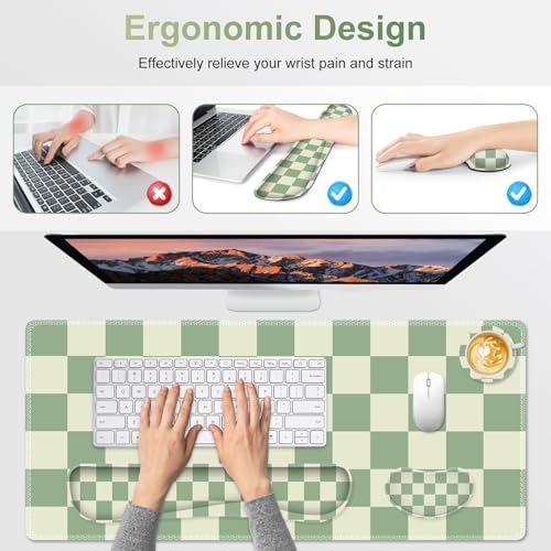 Large Gaming Mouse Pad Set, 4 in1 Ergonomics Keyboard Desk Mat with Memory Foam Wrist Rest, Extended Game Mousepad, Non-Slip Desk Pad Matt Easy Typing Pain Relief I Green Checkered - Image 5