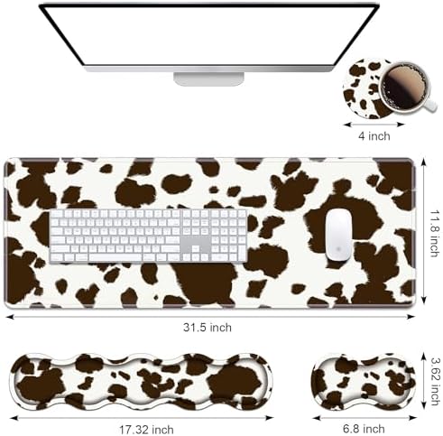 Ergonomic Keyboard Wrist Rest & Mouse Pad Wrist Rest Set, Large XXL Gaming Desk Mat 31.5"x 11.8" with Memory Foam, Easy Typing Pain Relief for Office & Home, Cow Print - Image 2