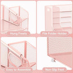 Desk Organizer with 5 Tier File Holder and Sliding Drawer Pen Holder Pink - Image 3