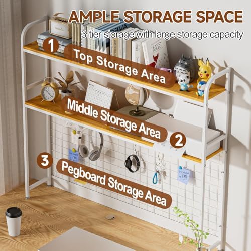 2-Tier Desk Shelf with Grid Panel, Freestanding, White, 45.3" - Image 3