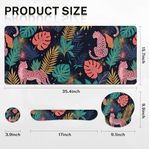 Arttown Keyboard Mouse Pad Set, 4 in 1 Desk Mat Set Leopard Tropical - Image 2