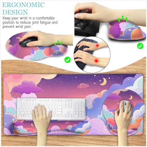 LIMKRIAN Purple Mouse Pad Large Desk Mat Set, Kawaii Clouds Ergonomic Mouse Pad with Wrist Rest Keyboard Wrist Support XXL Mousepad Cup Coaster Set, Cute Purple Office Desk Accessories Decor Supplies - Image 3