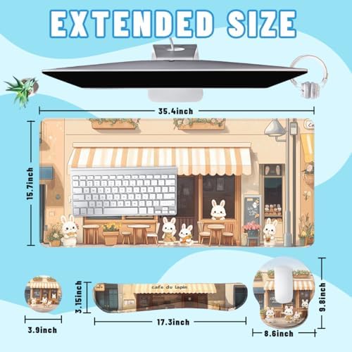 Kawaii Bunny Desk Mat Set Cozy Cartoon Bunny Cafe Mouse Pad with Wrist Rest 4in1 Desk Mat for Desktop Ergonomic Keyboard Wrist Support Anti-Slip Computer Ergonomic Mouse Pad Home Office Gaming - Image 2