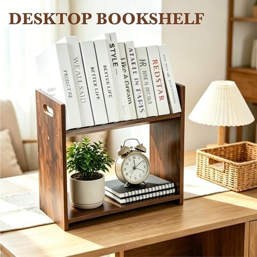 Desktop Bookshelf, 2 Tier Desk Shelf Organizer, Wood Office Tabletop Bookcase, Small Tabletop Book Rack, Portable Mini Bookcase for Book Display, Office, Home, Bedroom, Storage and Display - Image 7