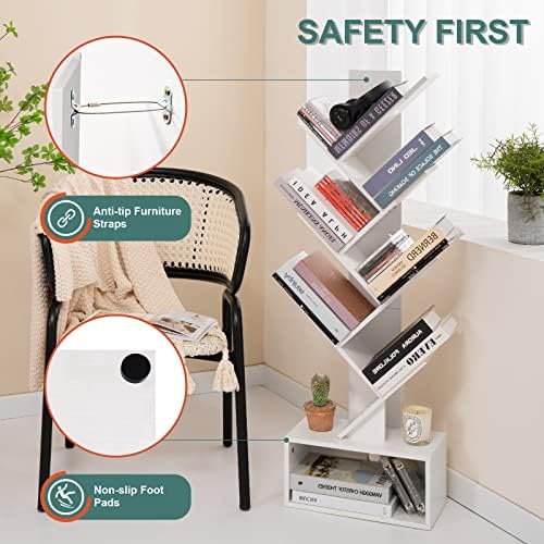 Yoobure Tree Bookshelf, 6 Tier Small Book Shelf Retro Floor Standing Bookcase, Wood Book Storage Organizer Rack, Tall Narrow Bookshelves for Corner/Bedroom/Living Room/Home Office, White - Image 5