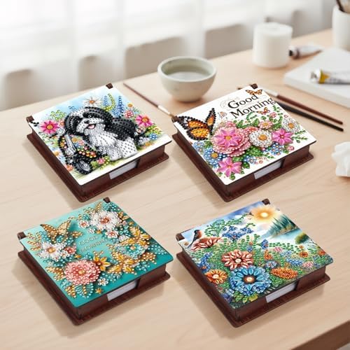 4pcs Flower Landscape Diamond Art Painting Note Box for Adults, Wooden DIY Sticky Notes Holder Kit with 640 Blank Notepads, Multi-Purpose Desk Organizer for Home Office, Study Thoughtful Gift - Image 4