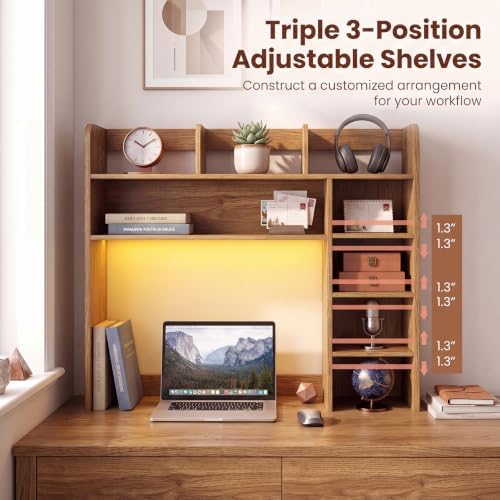 LDAILY Desktop Bookshelf with LED Lights, 35.5’’ Wooden Desk Shelf with 8 Cubes & 3 Adjustable Storage Shelves, 5-Tier Desk Hutch for Dorm College Office Computer Monitor Up to 25’’(Natural) - Image 6