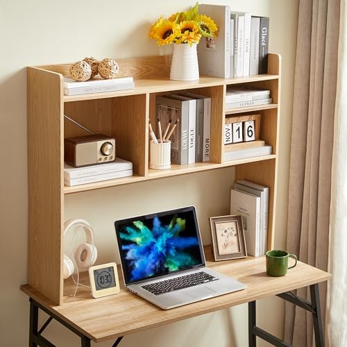 Nromant Desktop Bookshelf, Wooden Desk Storage Hutch with 6 Shelves for Computer Desk, 3-Tier Desktop Display Organizer Rack for Office Home (Natural) by Nromant