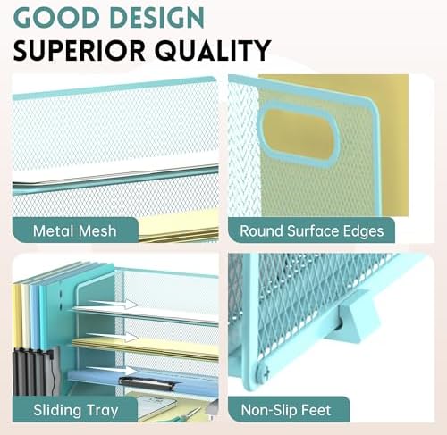 5-Tier Desk Organizer with File Holder & Pen Holder & Sliding Drawer, Blue - Image 5