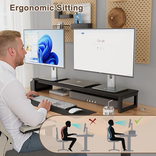 LAND·VOI Dual Monitor Stand Riser,41.5'' Long Monitor Stand for 2 Monitors, Wood and Steel Computer Monitor Stand, Desktop Oraganizer with Pen Holder, Monitor Riser for Desk Computer,Laptop,TV, Black - Image 5