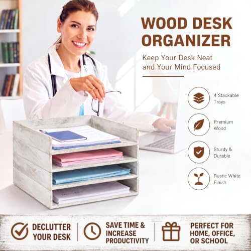Yeaqee 4 Pcs Stackable Organizer Tray Wood Desk Organizer, Vintage White - Image 3