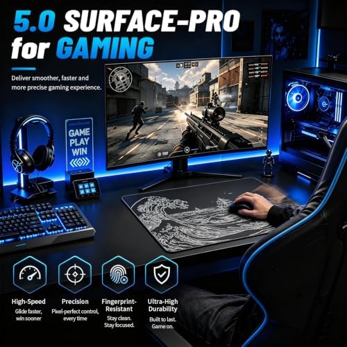 Glass Gaming Mouse Pad, 5.0 Nano Etched Surface, Custom PU Non Slip Base, Esports Level Speed & Precision, Tempered Glass, Waterproof & Durable, 490mm*420mm Large Size for FPS Gaming (Black Waves) - Image 3