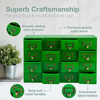 Emerald Green Wood 16-Drawer Apothecary Small Cabinet - 20"x3.6”x14” Card Catalog Style Table Top Organizer - Wooden Storage Box w/16 Drawers - 4-Level Countertop Organizer w/Label Holders & Handles - Image 6