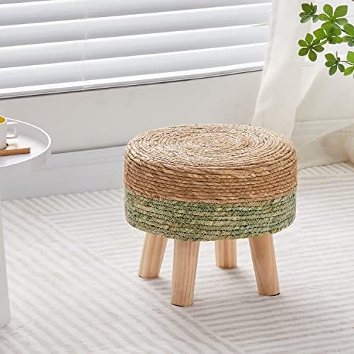 Cpintltr Ottoman Natural Seagrass Footrest Poufs Hand Weave Round Foot Stool for Couch Desk Soft Step Stool Padded Foot Rest with Pine Legs for Living Room Bedroom Natural/Green - Image 2