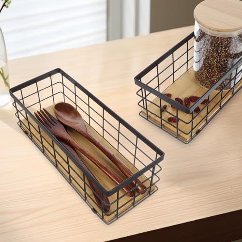 Set of 2 Small Wire Baskets, Narrow Black Metal Storage Bins for Bathroom Counter & Kitchen, Farmhouse Rustic Organizer Trays for Pantry, Office, RV, Countertop Decoration - Image 5