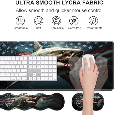 Ergonomic Keyboard Wrist Rest & Mouse Pad Wrist Rest Set, Large XXL Gaming Desk Mat 31.5"x 11.8" with Non-Slip Base, Memory Foam, Easy Typing Pain Relief for Home & Office, American Flag Shark - Image 3
