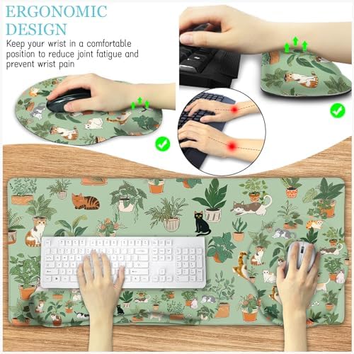 LIMKRIAN Cat Ergonomic Mouse Pad XXL Desk Mat Set, Green Desk Accessories - Image 5