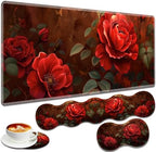 Large Gaming Mouse Pad + Keyboard Wrist Rest + Wrist Support + Coaster Set, Memory Foam Ergonomic for Easy Typing, XXL Extended Gaming Mouse Pad Table Pad - Red Rose by VSHSEEOM
