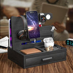 melafa365 Nightstand Organizer for Men,Phone Docking Station with Cable Management,Night Stand with Drawer,Bedside Organizer for Watches,Keys,Wallets,Gifts for Men（Black） - Image 2