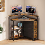 VENNQD Corner Desk with Drawers Shelves for Small Space 90 Degrees Triangle Computer Desk with Power Outlets,Gaming Desk with LED Lights Monitor Stand for Home Office Workstation Writing Table (Brown) - Image 4