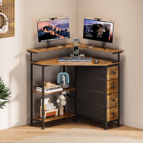 VENNQD Corner Desk with Drawers Shelves for Small Space 90 Degrees Triangle Computer Desk with Power Outlets,Gaming Desk with LED Lights Monitor Stand for Home Office Workstation Writing Table (Brown) - Image 4