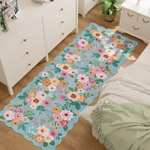 DUKINO 2.6x8 Runner Rug, Floral Washable Kitchen Rugs Non Slip, Teal - Image 5