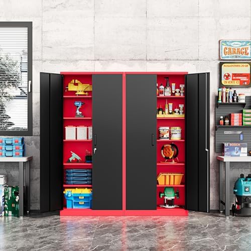 Fesbos Metal Storage Cabinet-71” Tall Steel File Cabinets with Lockable Doors and Adjustable Shelves-Black&Red Steel Storage Cabinet for Home, School, Office, Garage - Image 2