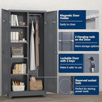 72.8" H Metal Garage Storage Cabinets, Metal Storage Cabinet with Hanging Rod & S-Hooks, Broom Closet Storage with Shelves, Functional Storage Cabinets for Garage, Warehouse, Grey - Image 4